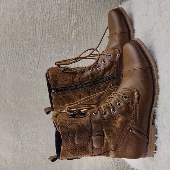 J75 by Jump Deploy Brown Faux Leather Canvas Round Cap Toe Lace Up Combat Boot - Picture 4 of 16